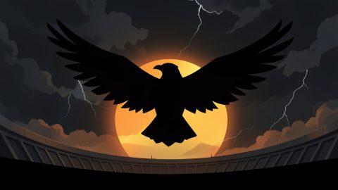 Conceptual illustration of a stylized golden mockingjay-style bird emblem against a dark sky with a rising sun, evoking a dystopian franchise film