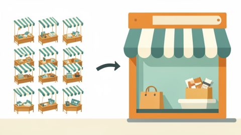 A grid of marketplace stalls with an arrow to a single independent storefront