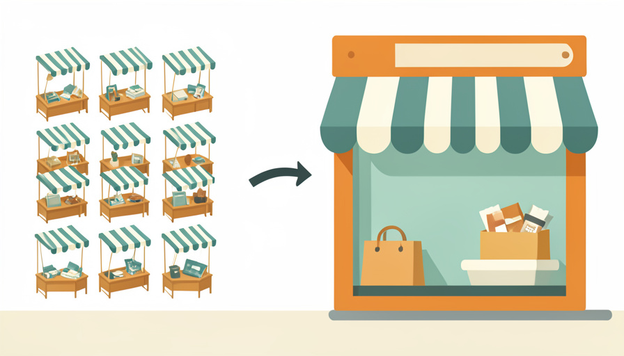 A grid of marketplace stalls with an arrow to a single independent storefront