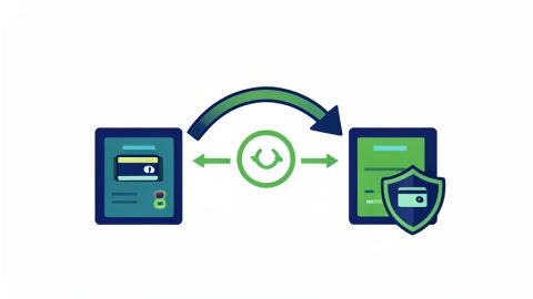 Two payment gateways linked by a migration arrow carrying a credit card and a recurring-cycle icon, with a card token in a shield