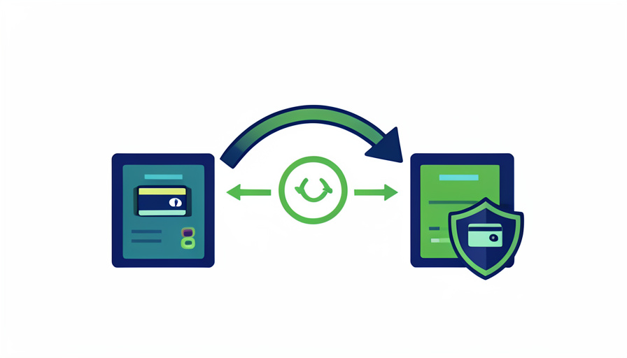 Two payment gateways linked by a migration arrow carrying a credit card and a recurring-cycle icon, with a card token in a shield