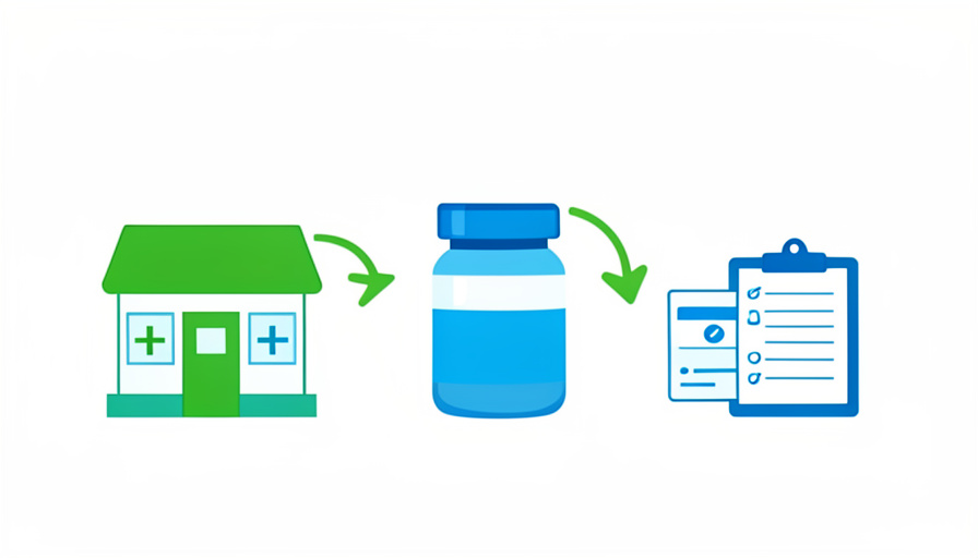 A prescription bottle moving between two pharmacy storefronts with an insurance card and a checklist