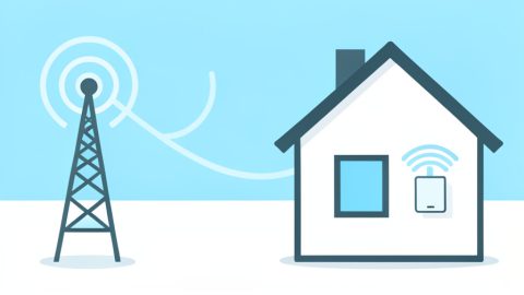 Conceptual illustration of a house with a wireless gateway emitting signal arcs connecting to a distant cell tower, evoking 5G fixed wireless home internet