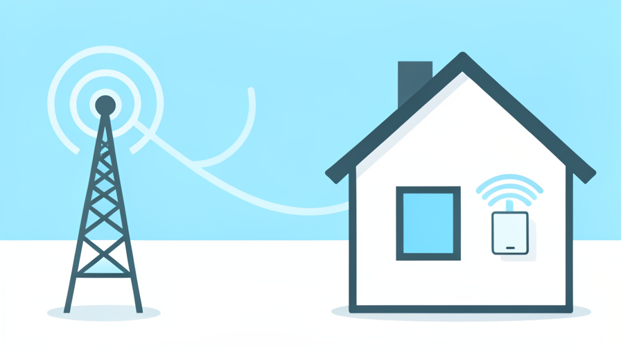Conceptual illustration of a house with a wireless gateway emitting signal arcs connecting to a distant cell tower, evoking 5G fixed wireless home internet