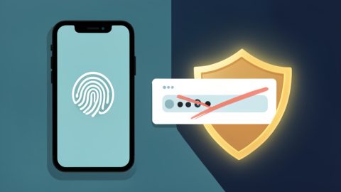 A phone with a fingerprint unlock beside a crossed-out password field and a security shield