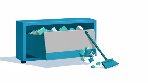 Conceptual illustration of a hidden storage compartment opened to reveal clutter blocks being swept out, evoking clearing device System Data