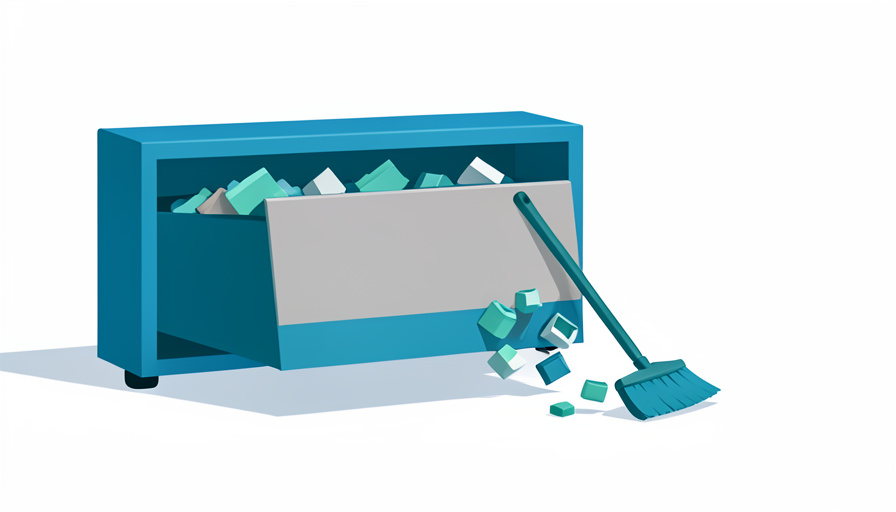 Conceptual illustration of a hidden storage compartment opened to reveal clutter blocks being swept out, evoking clearing device System Data