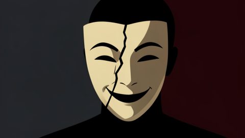 Conceptual illustration of a cracked smiling theatrical mask over a shadowed face, evoking a satire about a performative persona