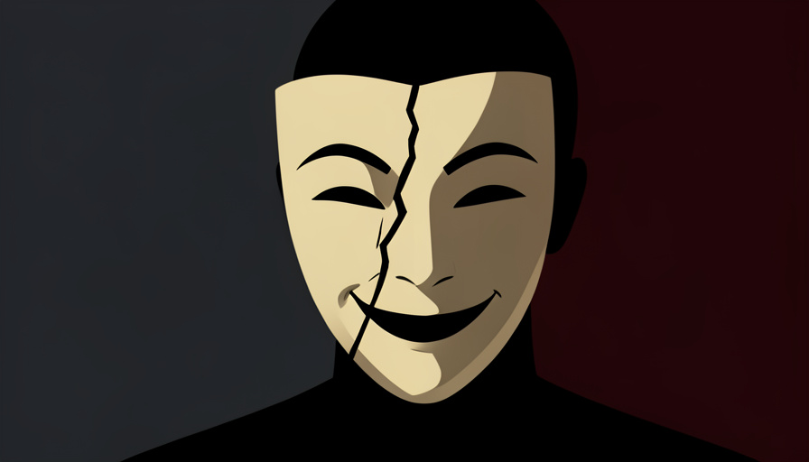 Conceptual illustration of a cracked smiling theatrical mask over a shadowed face, evoking a satire about a performative persona