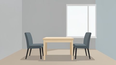 Conceptual illustration of two empty chairs facing each other across a plain table in a bare interview room, evoking a job interview