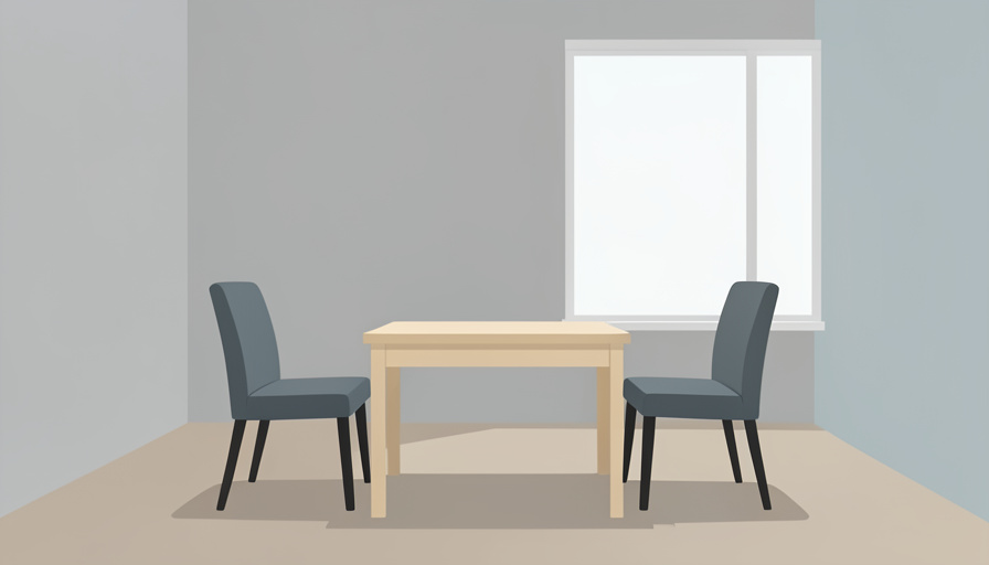 Conceptual illustration of two empty chairs facing each other across a plain table in a bare interview room, evoking a job interview