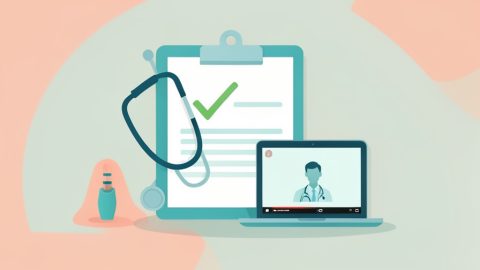 A sports physical clipboard with a checkmark, a stethoscope, and a laptop showing a video-call doctor