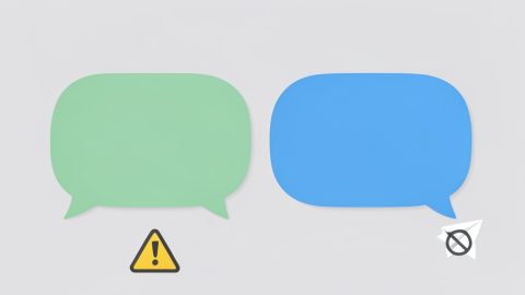 Conceptual illustration of two blank message speech bubbles, one with a small warning symbol and a crossed-out send arrow, evoking texts that turn green or fail to send after switching phones