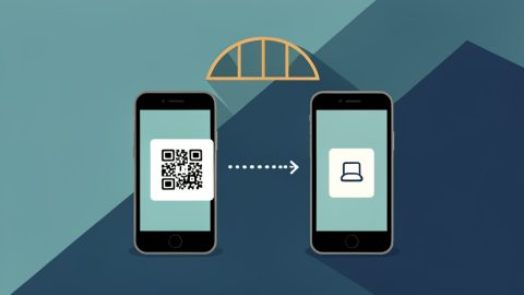 A digital ticket with a QR code transferring from one phone to another below a stadium icon