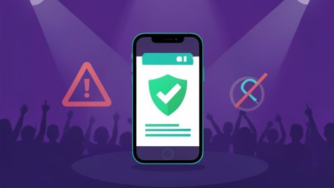 A concert crowd with phones raised, beside a phone showing a verified ticket check mark and a crossed-out phishing link