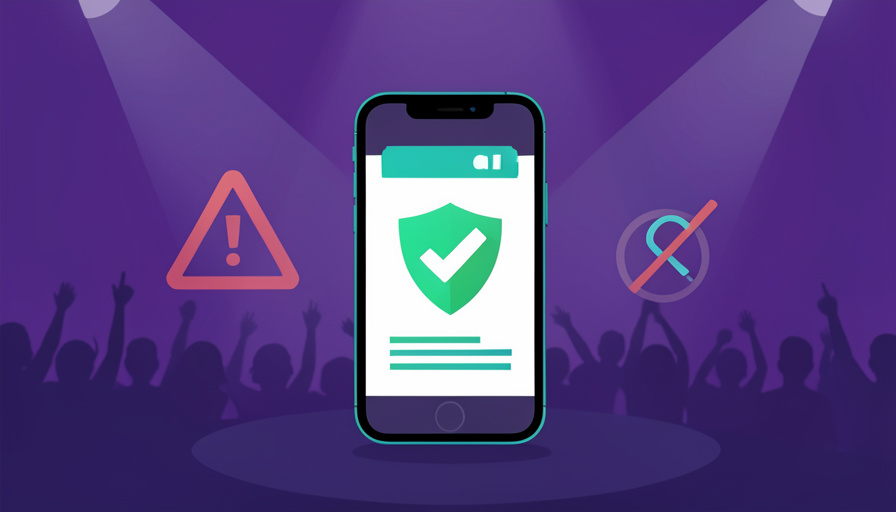 A concert crowd with phones raised, beside a phone showing a verified ticket check mark and a crossed-out phishing link