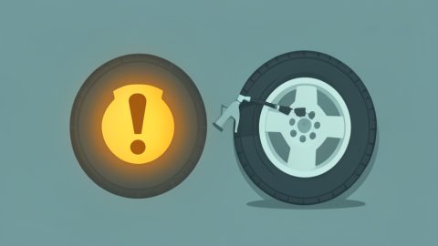 Conceptual illustration of a glowing horseshoe-shaped tire pressure warning symbol on a car dashboard with a tire and air being added, evoking a TPMS light that stays on