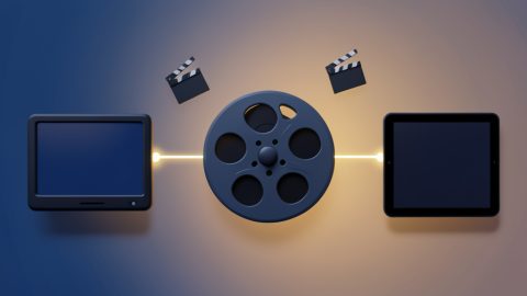 Conceptual illustration of a film reel linked between two screens by a connecting hub, evoking a movie library shared across platforms