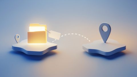 Conceptual illustration of a business folder with an identification tag moving along a path between two state map shapes, evoking an LLC relocating while keeping its EIN