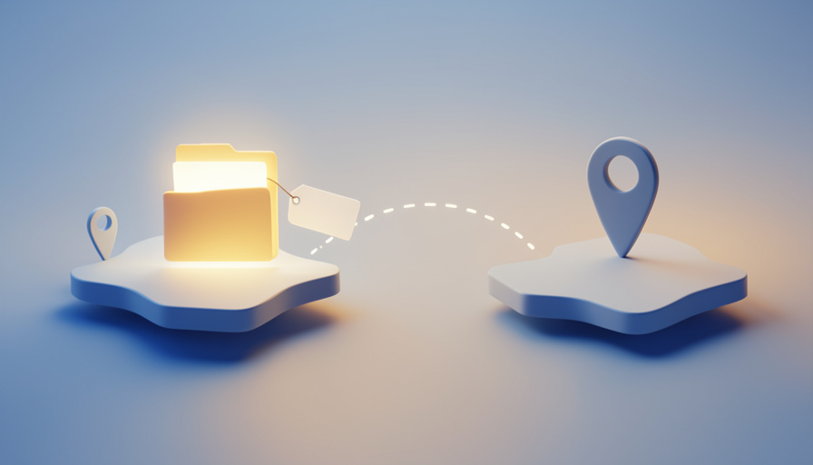 Conceptual illustration of a business folder with an identification tag moving along a path between two state map shapes, evoking an LLC relocating while keeping its EIN