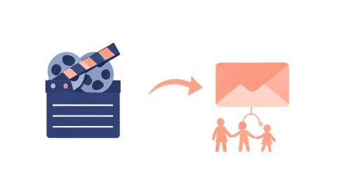 Conceptual illustration of a film-reel library icon with an arrow pointing to a new envelope, and a small group of family figures still connected, evoking moving a movie library to a new email while keeping family sharing