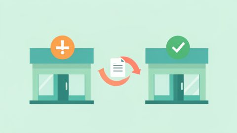 A prescription moving between two pharmacy buildings with a backorder icon on the first and an in-stock check on the second