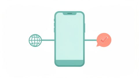Conceptual illustration of a phone with two SIM lines, one showing a globe for data and one showing a message bubble with a checkmark, evoking keeping SMS 2FA working abroad