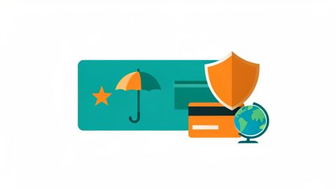A boarding pass with a points star, an umbrella and shield, a credit card, and a globe