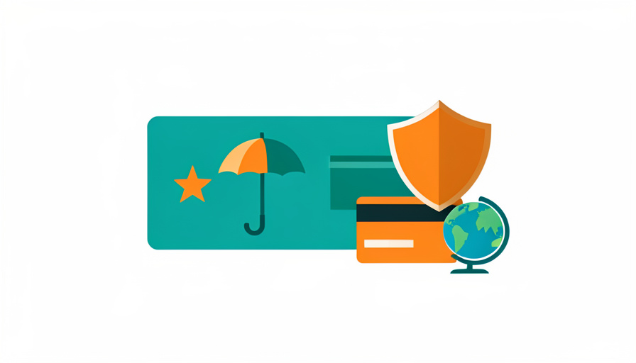 A boarding pass with a points star, an umbrella and shield, a credit card, and a globe