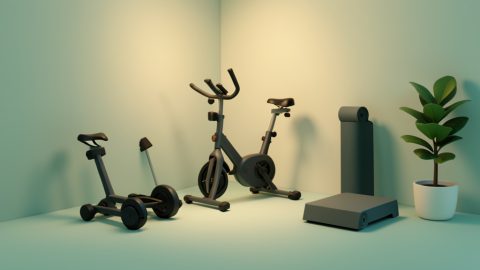 Conceptual illustration of compact home cardio equipment like a folding bike, rower, and stepper arranged in a small tidy room, evoking apartment-friendly interval workouts