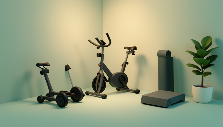 Conceptual illustration of compact home cardio equipment like a folding bike, rower, and stepper arranged in a small tidy room, evoking apartment-friendly interval workouts
