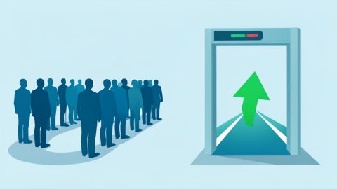 Conceptual illustration of a fast airport security lane with a green arrow bypassing a long queue, evoking quicker ways through the checkpoint