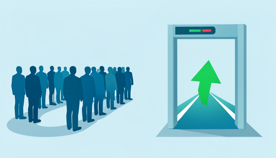 Conceptual illustration of a fast airport security lane with a green arrow bypassing a long queue, evoking quicker ways through the checkpoint