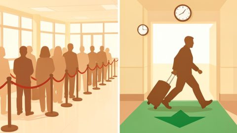 Conceptual illustration of a slow winding airport security queue beside a fast lane where a figure with a rolling bag walks through a forward arrow under a wall clock, evoking last-minute airport security speed