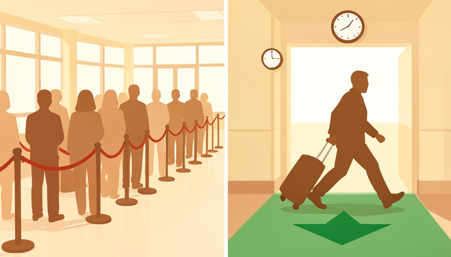 Conceptual illustration of a slow winding airport security queue beside a fast lane where a figure with a rolling bag walks through a forward arrow under a wall clock, evoking last-minute airport security speed