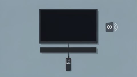 A wall-mounted TV with a soundbar below, an HDMI cable between them, a remote in front, and a volume icon