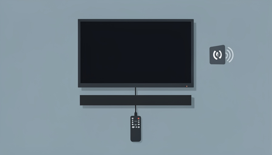A wall-mounted TV with a soundbar below, an HDMI cable between them, a remote in front, and a volume icon