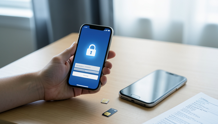 A hand holding a phone showing a padlock login screen, with a second phone, SIM cards, and a printed sheet of backup codes on a desk