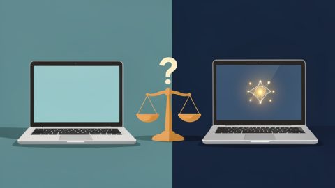 An older laptop and a newer AI laptop on either side of a balance scale with a question mark