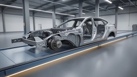 Conceptual illustration of a car chassis on an assembly line split by a border line, symbolizing cross-border auto manufacturing