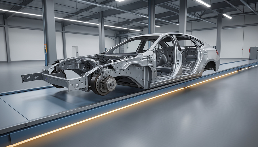 Conceptual illustration of a car chassis on an assembly line split by a border line, symbolizing cross-border auto manufacturing
