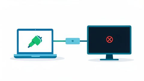 Conceptual illustration of a USB-C cable delivering a power icon to a laptop while a video signal to a monitor is blocked, showing charge without display