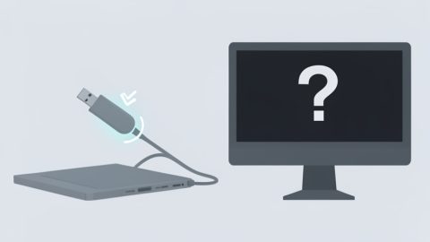 Conceptual illustration of a USB-C cable plugged into a laptop with a lit charging glyph while an external monitor stays blank, with a question mark, evoking a port that charges but sends no display
