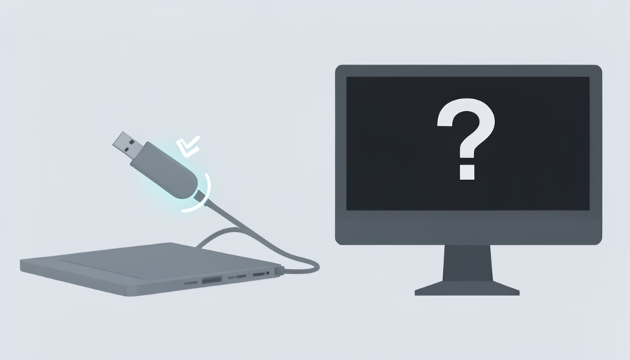 Conceptual illustration of a USB-C cable plugged into a laptop with a lit charging glyph while an external monitor stays blank, with a question mark, evoking a port that charges but sends no display