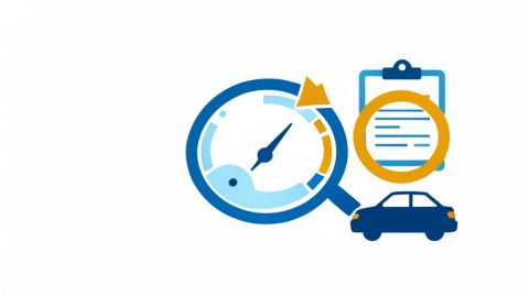 A car gauge with a rewind arrow and a magnifying glass inspecting a vehicle history report next to a car icon