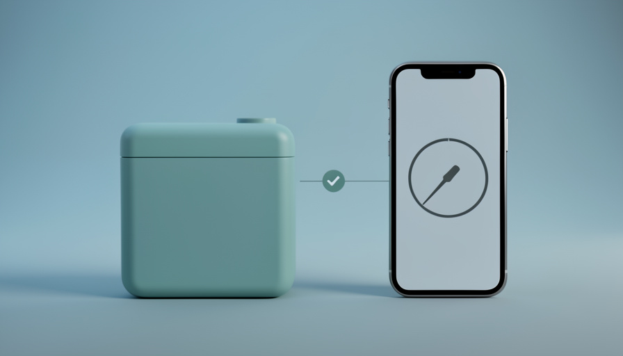 Conceptual illustration of a car battery icon beside a smartphone showing a health gauge and checkmark, evoking a used EV battery health check by screenshot