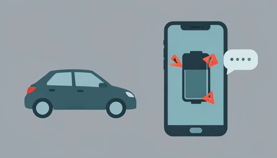 A used EV listing beside a phone showing a battery-health screen with red-flag warning markers and a request-message bubble