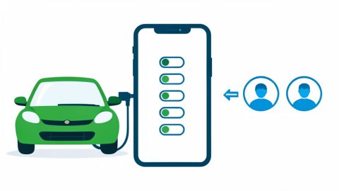 A charging EV, a phone showing feature toggles, and an account-handover arrow between two profile icons