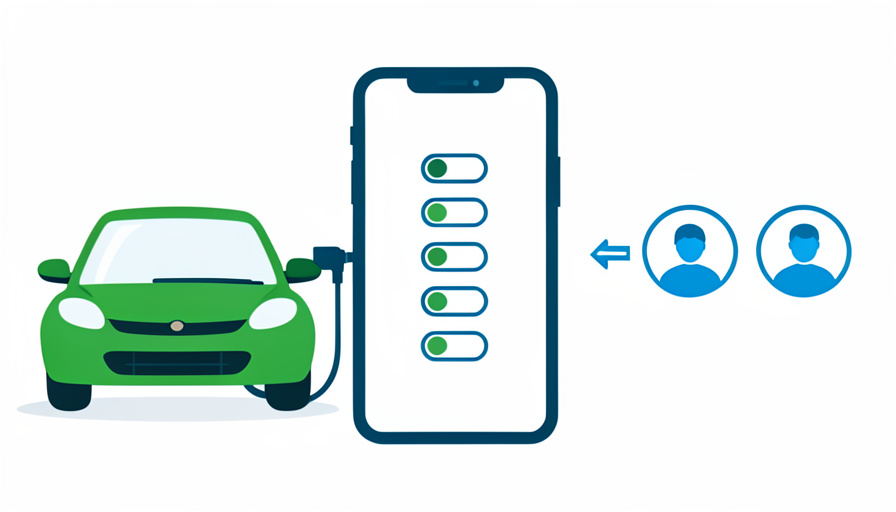 A charging EV, a phone showing feature toggles, and an account-handover arrow between two profile icons
