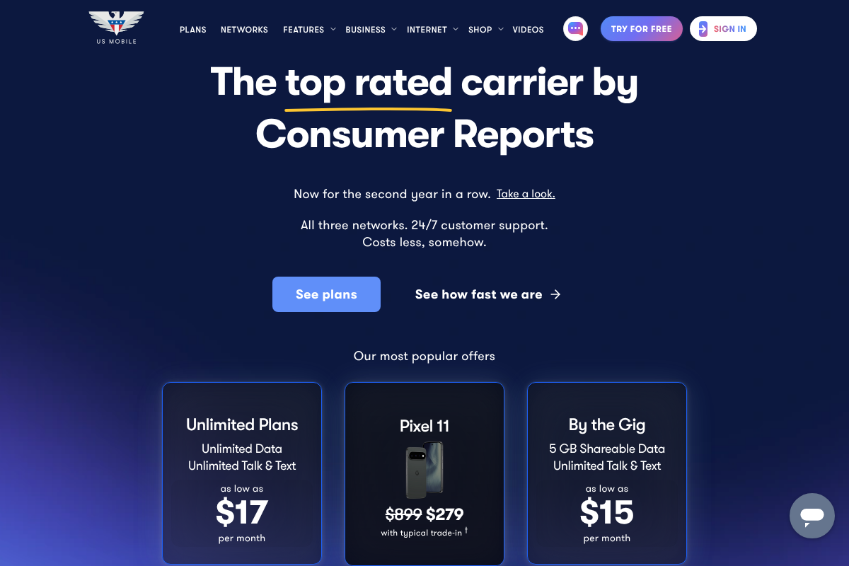 US Mobile homepage highlighting service on all three major US networks, a flexible Mint Mobile alternative for travelers